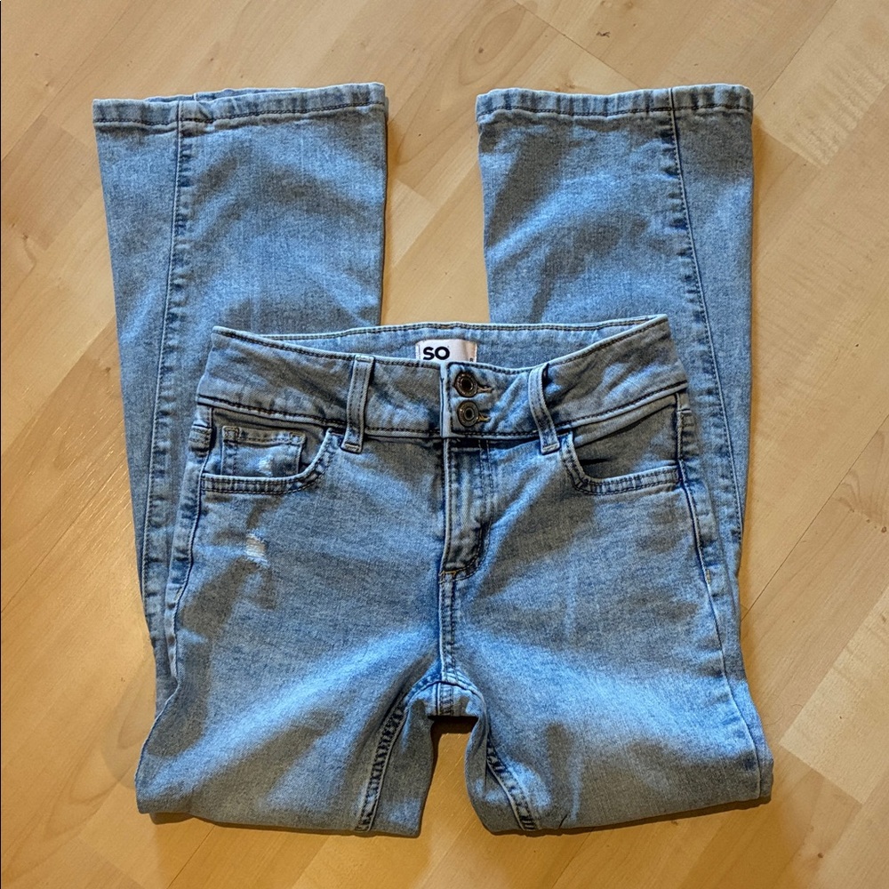 SO brand. Girls flare leg jeans light wash. Distressed